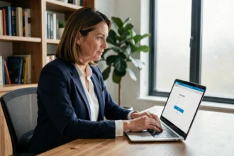 Femme professionnelle accédant à son espace client Société Générale Particulier sur un ordinateur portable dans un bureau à domicile