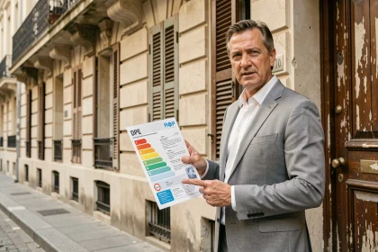 Agent immobilier tenant un diagnostic de performance énergétique devant un immeuble haussmannien à Paris