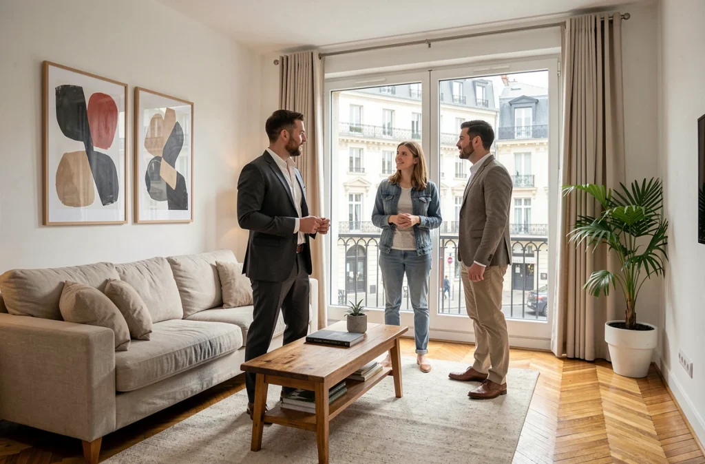 Agent immobilier présentant un appartement meublé à un couple d'investisseurs urbains dans un immeuble haussmannien