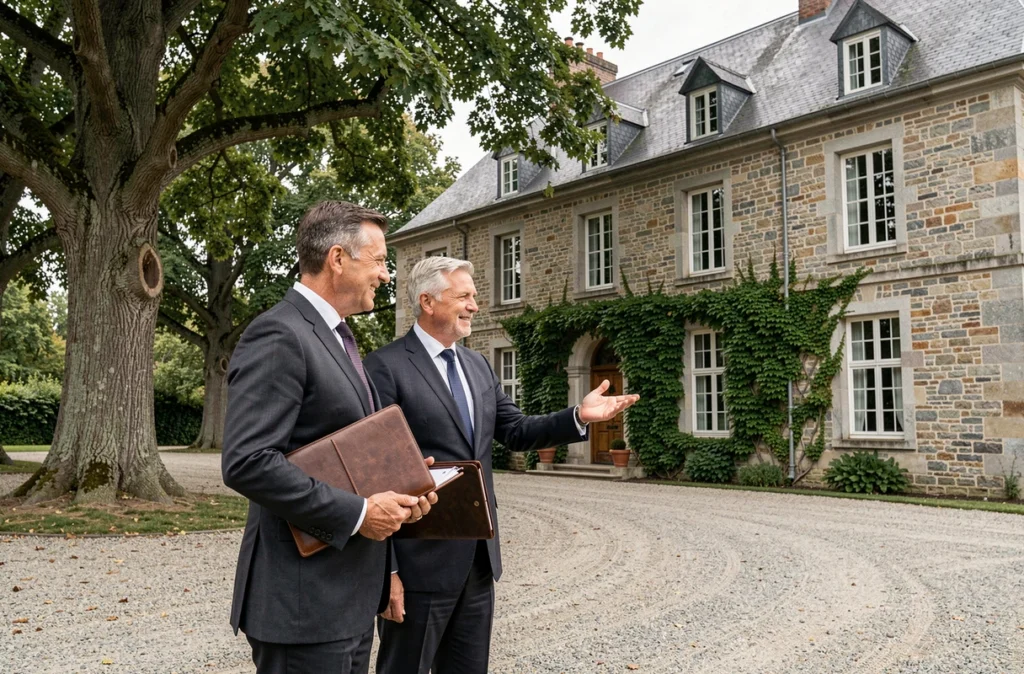 Les associés d'AJ Associés réalisant l'expertise d'un manoir breton historique en pierre lors d'une visite d'évaluation
