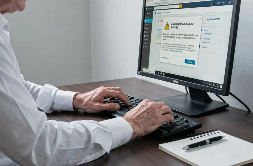 Mains tapant sur un clavier face à une alerte de sécurité sur un compte bancaire en ligne