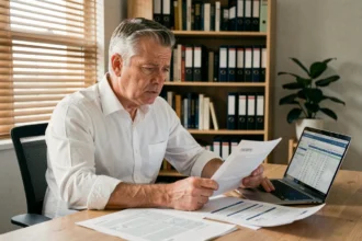 Homme analysant des documents fiscaux liés aux revenus de SCPI dans un bureau à domicile