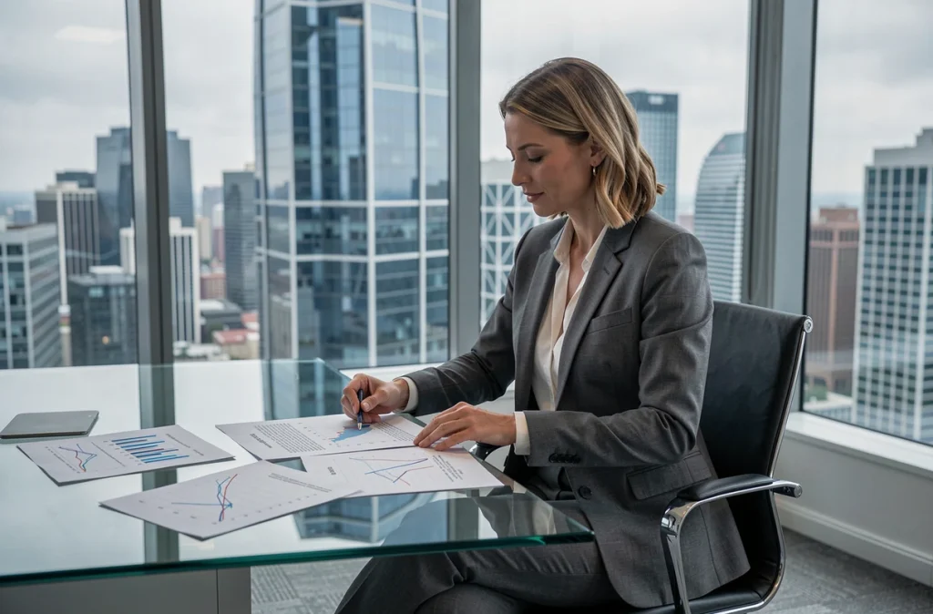 Femme d'affaires analysant des rapports d'inégalités économiques et de PIB dans une salle de réunion moderne avec vue sur la ville