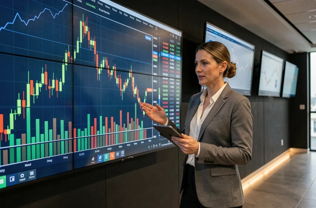 Femme analyste devant un écran de trading montrant une courbe boursière en baisse, symbolisant une interprétation sereine des résultats financiers d'une entreprise maritime