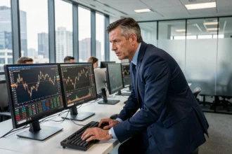 Analyste financier consultant les cours boursiers de l'action SAF en temps réel sur un bureau de trading multi-écrans