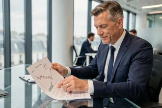 Analyste financier consultant les résultats trimestriels des dividendes du CAC 40 dans un bureau parisien moderne