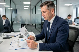 Analyste financier examinant des graphiques boursiers dans un bureau moderne, illustrant l'analyse calme d'une baisse de bénéfice CMA CGM