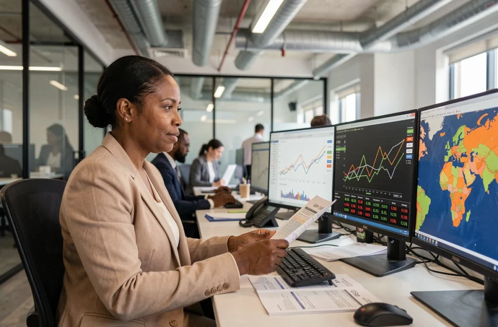 Analyste financière étudiant les indicateurs économiques des marchés émergents sur plusieurs écrans de données