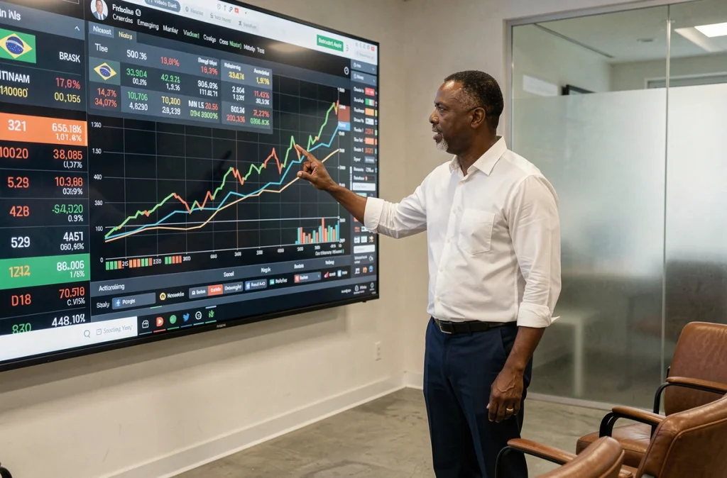 Analyste financier présentant les indices boursiers des marchés émergents lors d'un séminaire d'investissement dans une salle de conférence moderne