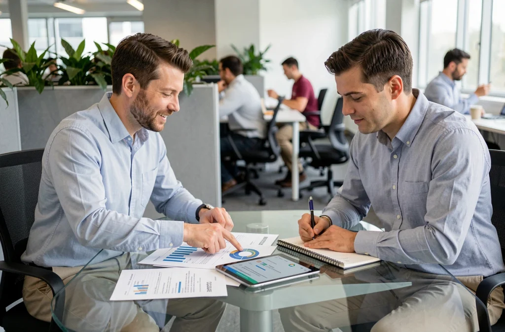 Deux associés collaborant sur des rapports de revenus blockchain et un tableau de bord de business en ligne dans une salle de réunion moderne de startup