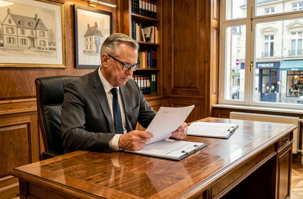 Expert immobilier de Berthier et Associés analysant des documents d'expertise dans un bureau professionnel élégant