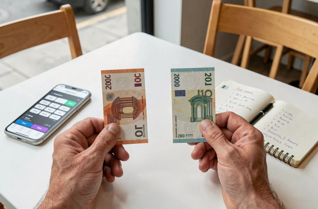 Comparaison visuelle d'un billet de dirham marocain et d'un billet en euros posés sur une table de café avec une calculatrice de change