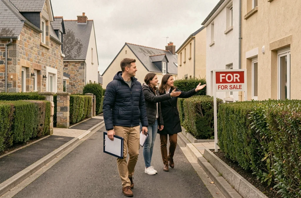 Agent acheteur de Buuyers Bretagne accompagnant des clients dans un quartier résidentiel breton lors d'une visite immobilière