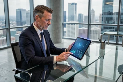 Cadre financier analysant des données de tokenisation d'actifs sur une tablette dans un bureau moderne avec vue sur la ville