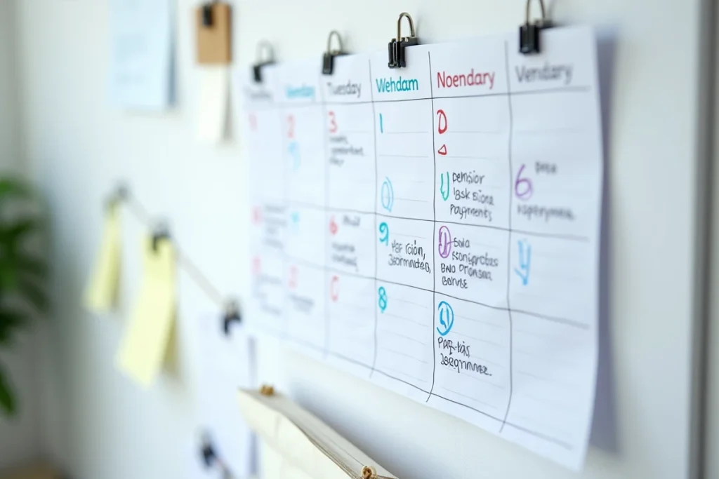 Calendrier mural 2026 avec dates de versement de pension d'invalidité annotées à la main
