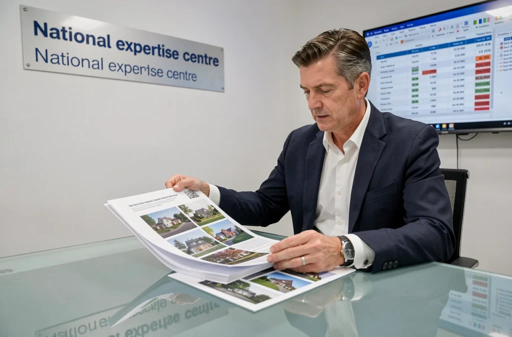 Expert du CNE Bretagne examinant un rapport officiel d'expertise immobilière dans une salle de conférence professionnelle