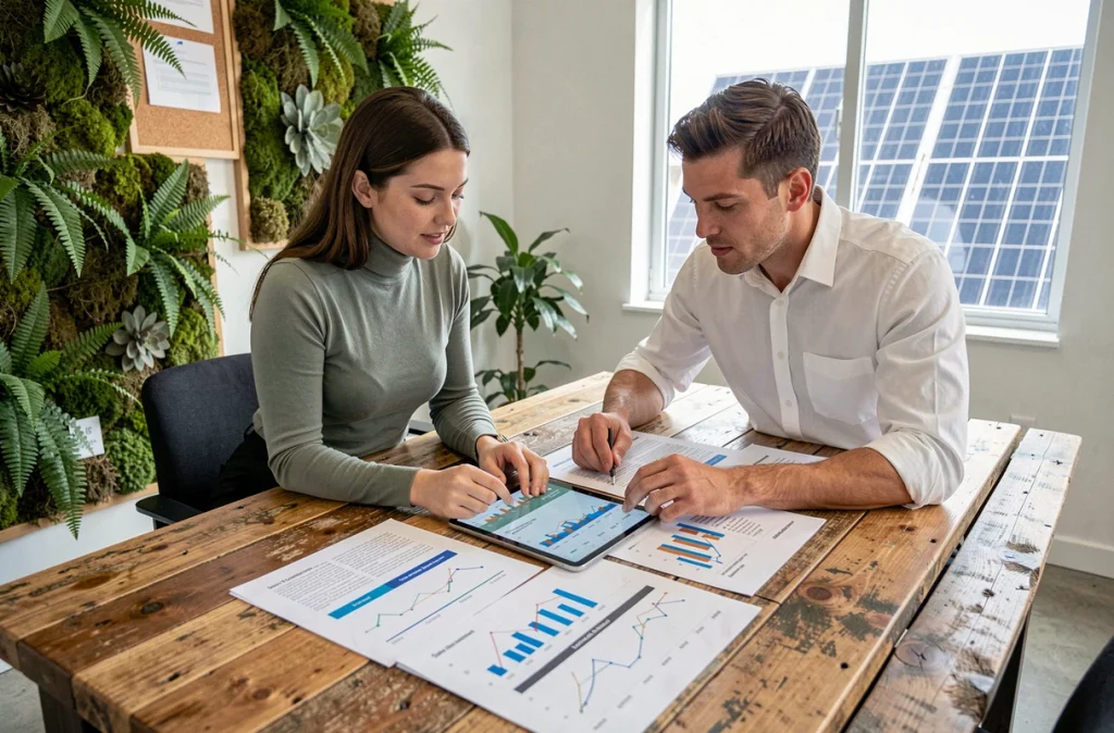 Deux professionnels collaborant sur l'analyse de l'impact environnemental des blockchains dans une salle de réunion écologique
