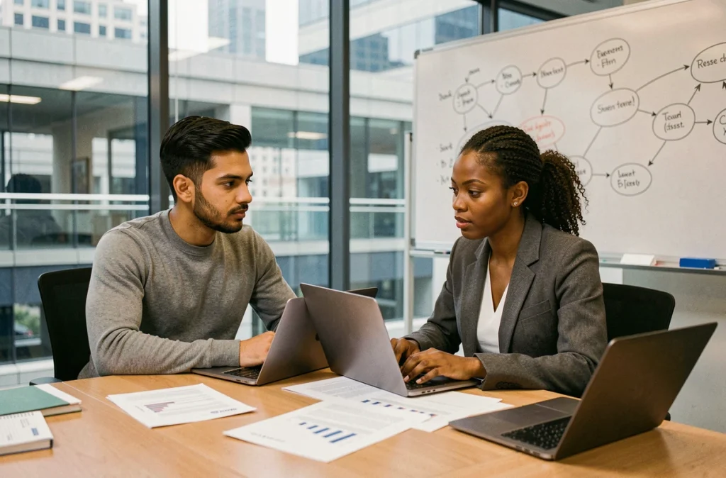 Deux professionnels collaborant sur des documents de finance numérique et de tokenisation d'actifs dans une salle de réunion d'entreprise