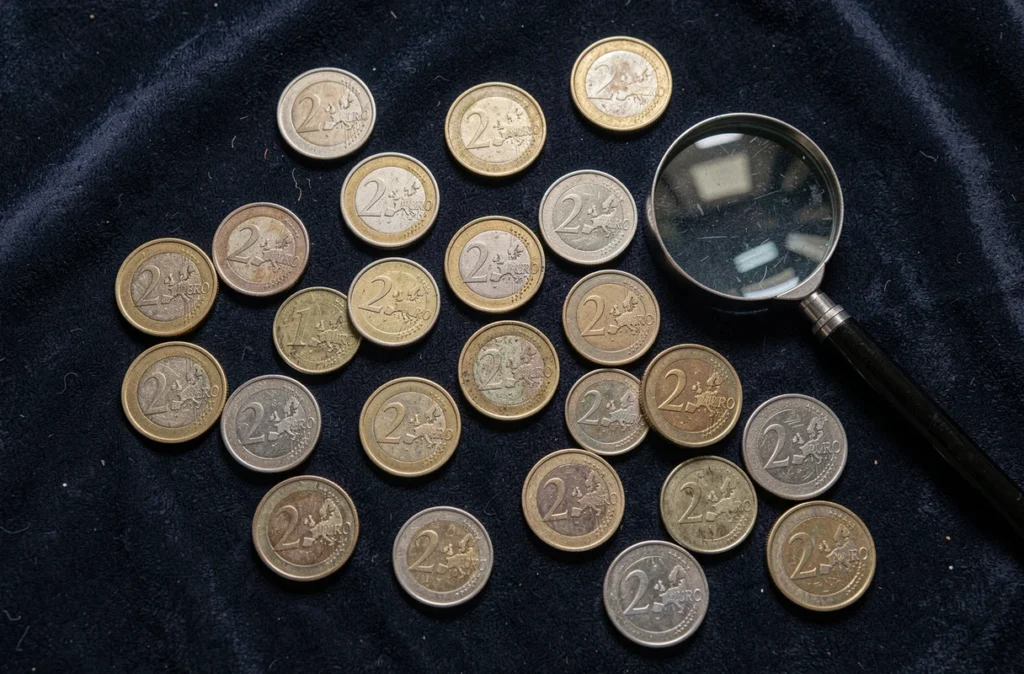 Collection de pièces de 2 euros européennes rares étalées sur velours sombre avec loupe de numismate