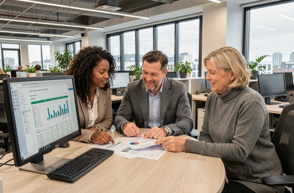 Collègues en bureau open-space analysant ensemble des données sur le revenu médian en France