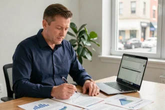 Homme comparant des offres de SCPI sur des documents financiers imprimés dans un bureau moderne