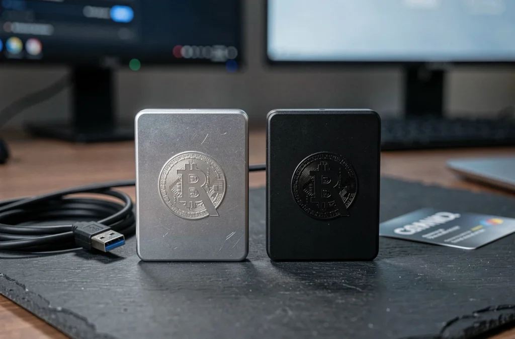 Deux wallets physiques de cryptomonnaie posés sur une surface en ardoise sombre, illustrant la comparaison de portefeuilles matériels sécurisés