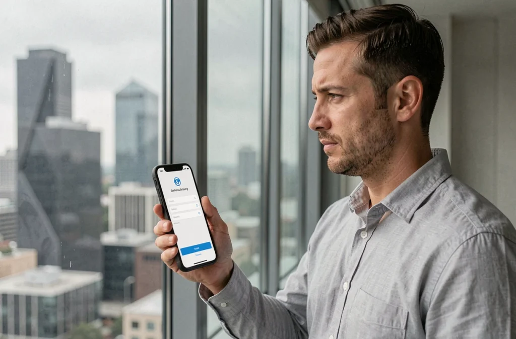 Homme consultant son application bancaire Société Générale sur smartphone avec connexion sécurisée depuis son appartement moderne