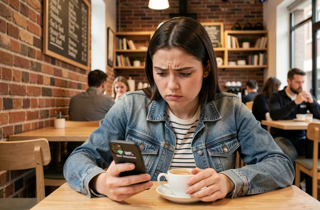 Jeune femme consultant son smartphone dans un café avec une connexion Wi-Fi lente