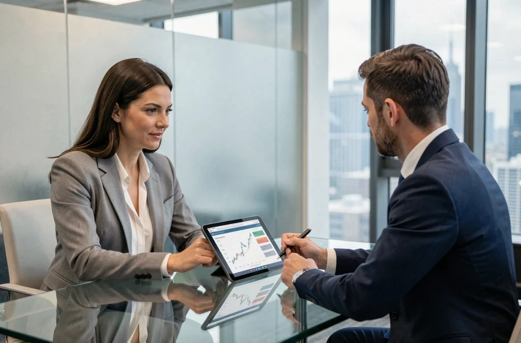 Femme consultant un conseiller financier pour comparer des SCPI dans un bureau vitré professionnel
