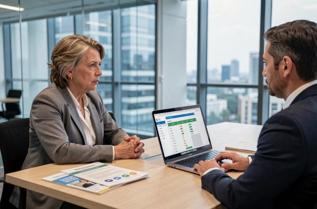 Femme discutant de placements SCPI en PER avec un conseiller financier dans un bureau professionnel moderne