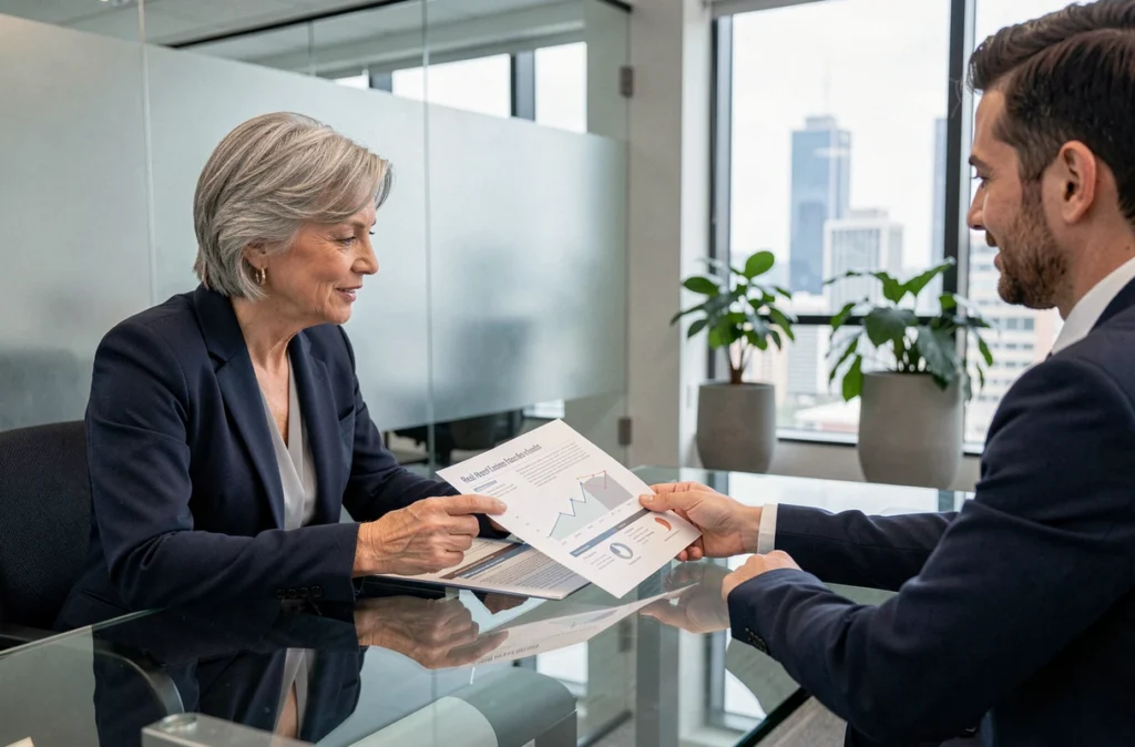 Femme consultant un conseiller financier sur la fiscalité des parts de SCPI
