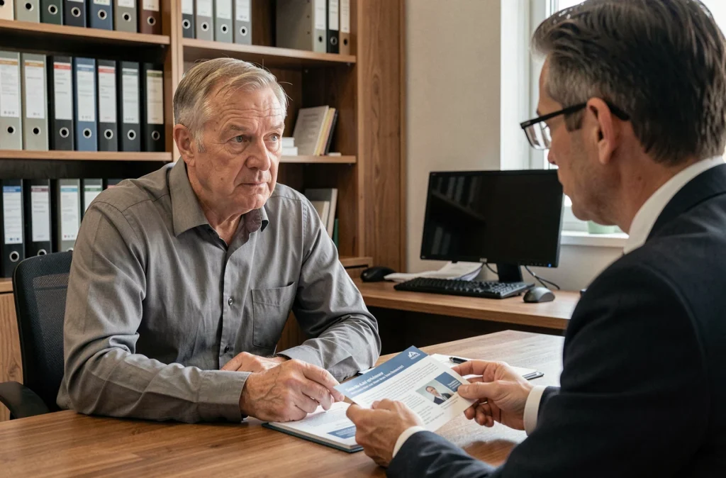 Homme belge en rendez-vous avec un conseiller financier pour ses démarches de pension complémentaire