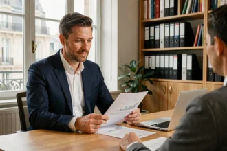Conseiller financier expliquant les SCPI Corum à un client dans un bureau professionnel parisien