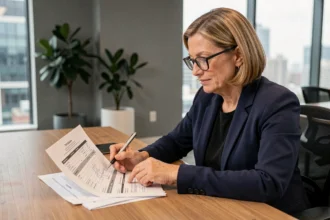 Conseillère financière analysant les frais de SCPI sur des documents imprimés dans un bureau moderne