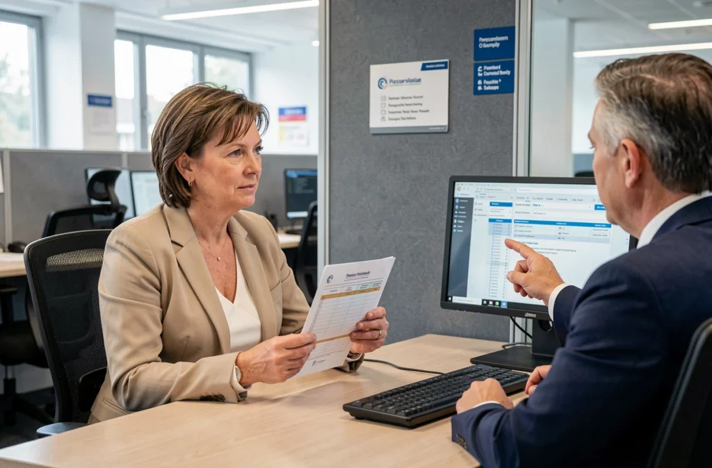 Une femme de 55 ans consulte un conseiller en pension dans un bureau de la sécurité sociale belge pour sa retraite anticipée