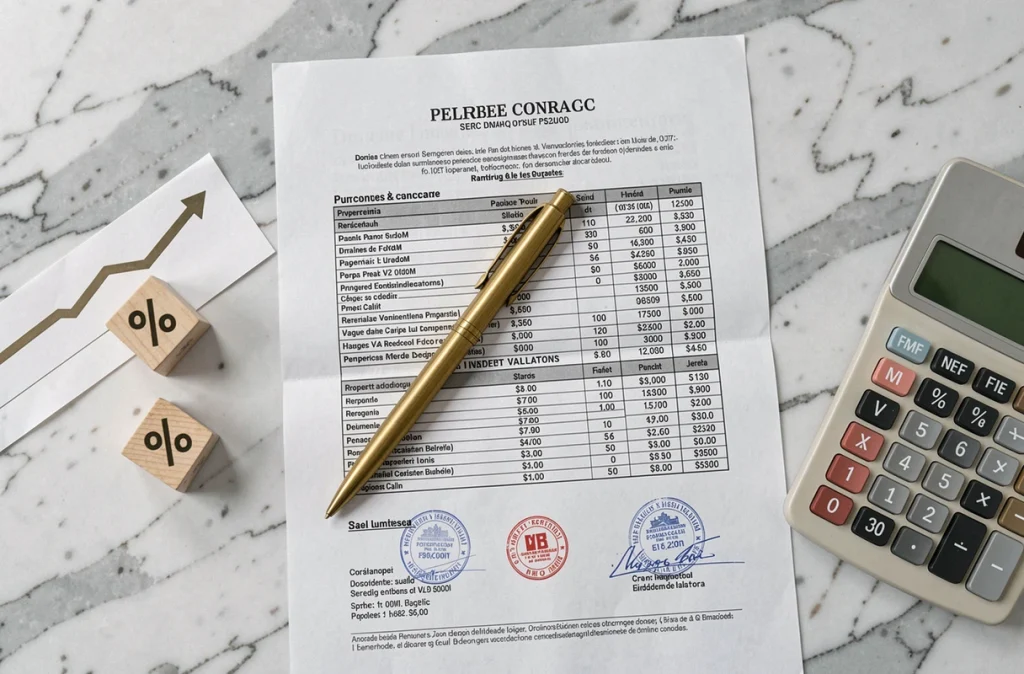 Vue aérienne d'un contrat immobilier avec calculatrice et stylo illustrant le calcul des frais de notaire