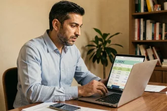 Un homme marocain comparant les taux de change entre dirhams et euros sur un ordinateur portable dans un bureau à domicile