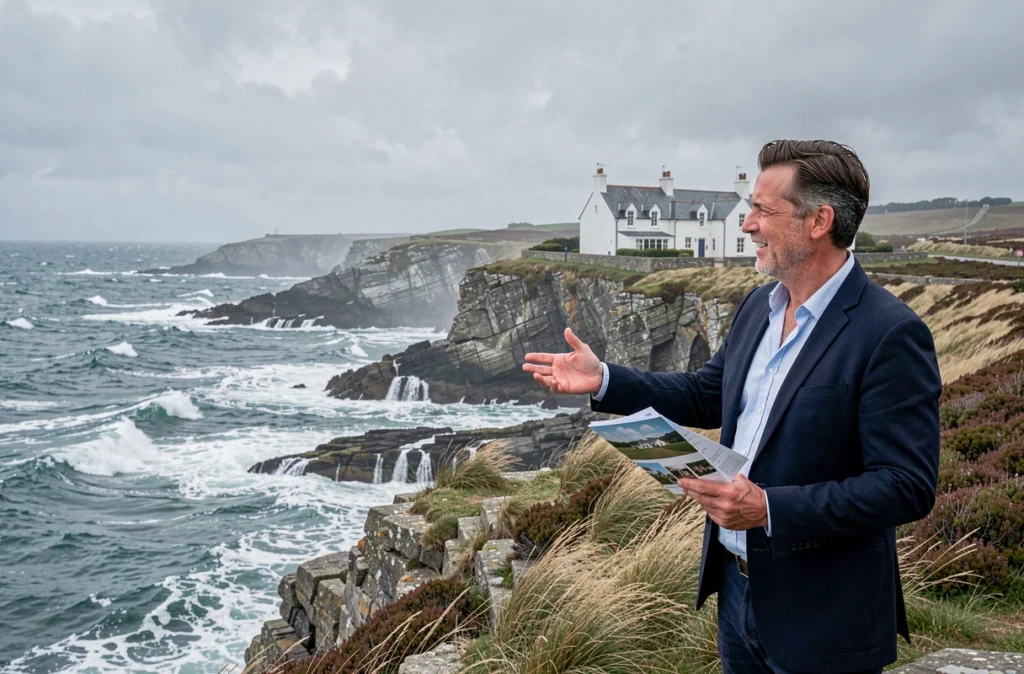 Agent de Côte et Bretagne Immobilier présentant une propriété côtière avec vue mer sur le littoral breton