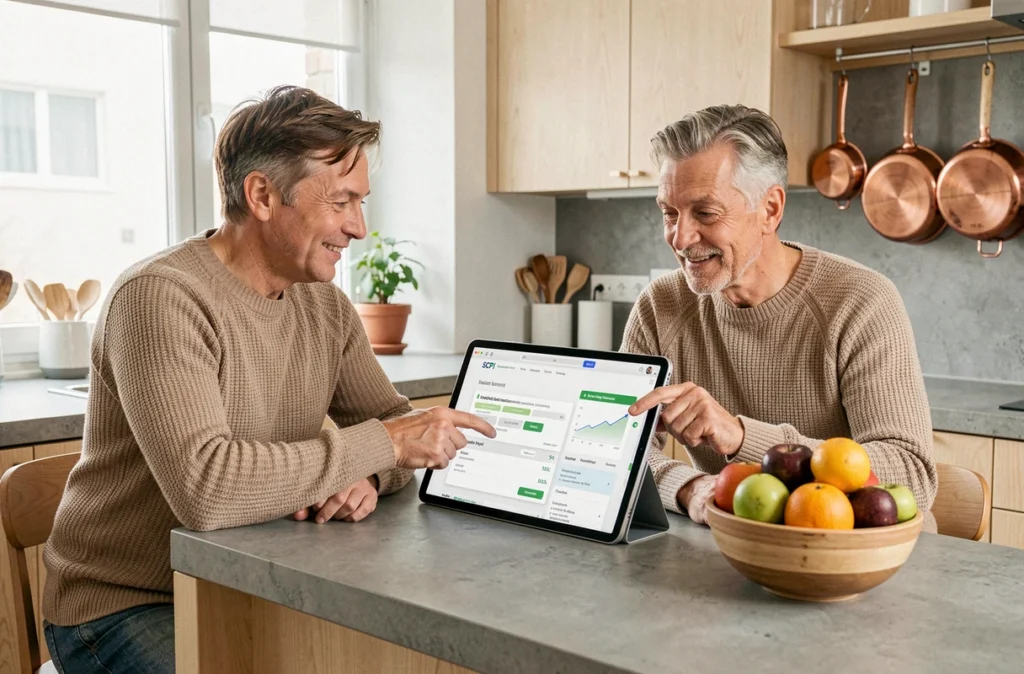 Couple comparant des offres de SCPI en ligne sur une tablette dans leur cuisine moderne