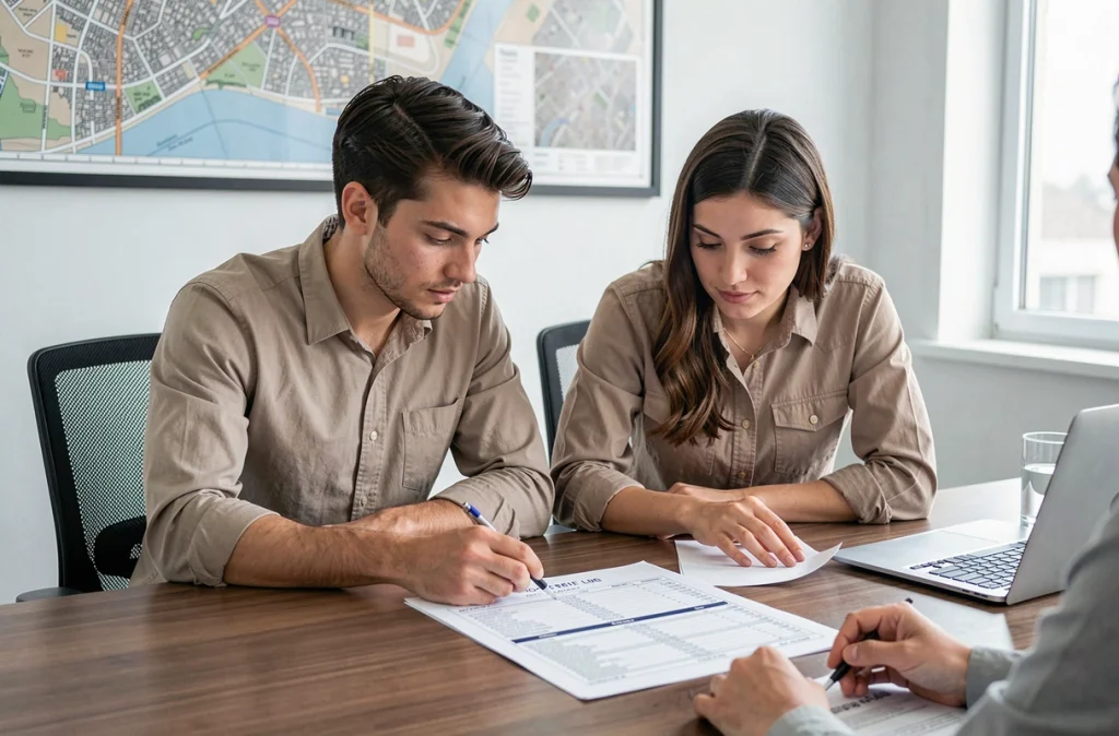 Couple de primo-accédants consultant les frais de notaire lors d'une transaction immobilière
