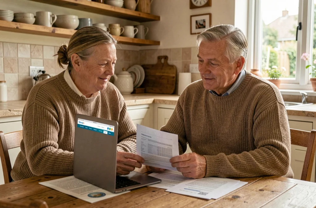 Couple de retraités passant en revue leur épargne retraite en PER avec des placements SCPI sur un ordinateur portable à la maison
