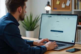Homme créant un compte Société Générale en ligne sur son ordinateur portable depuis son bureau à domicile