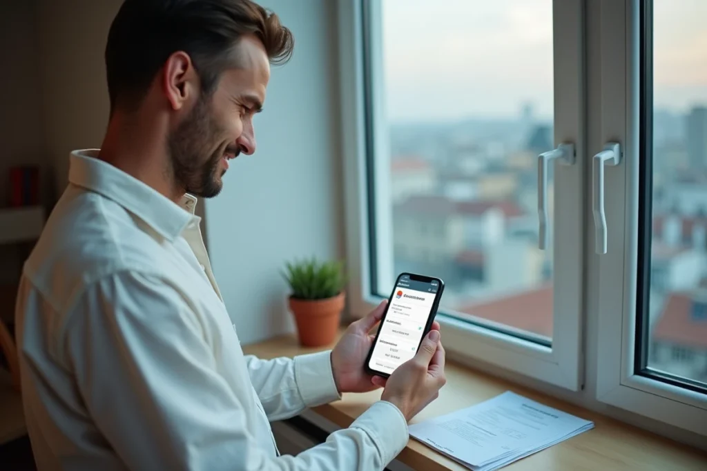 Homme préparant les documents nécessaires pour créer un compte Société Générale en ligne sur smartphone