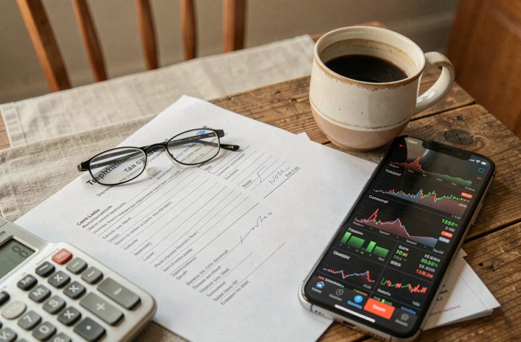 Déclaration fiscale de revenus fonciers SCPI posée sur un bureau avec calculatrice et lunettes