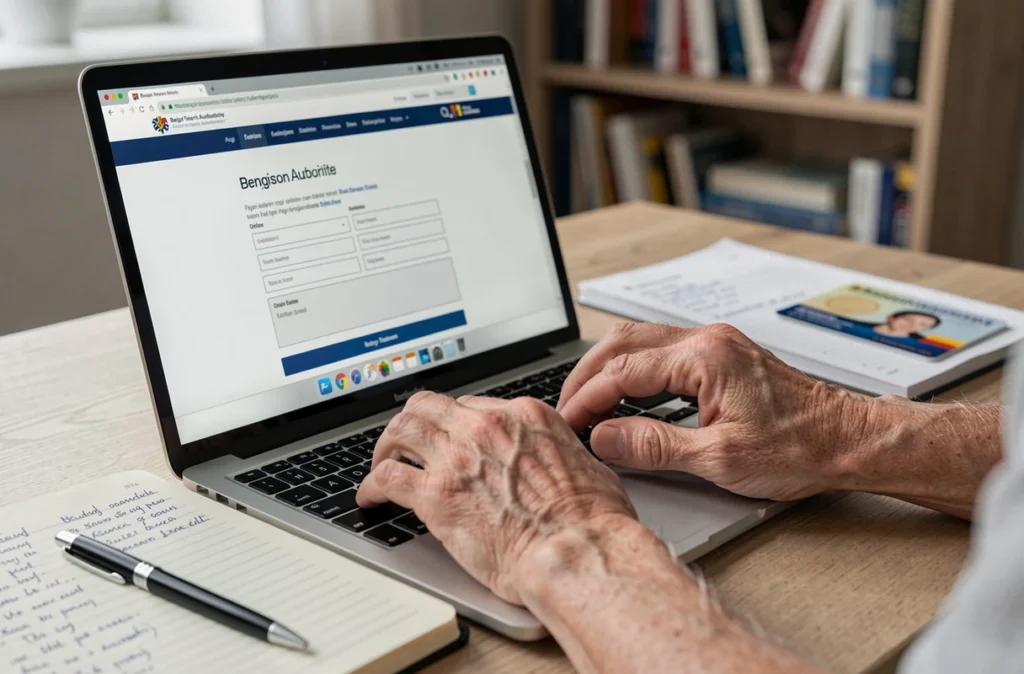 Des mains matures remplissent en ligne le formulaire de demande de pension de retraite anticipée sur le site officiel belge