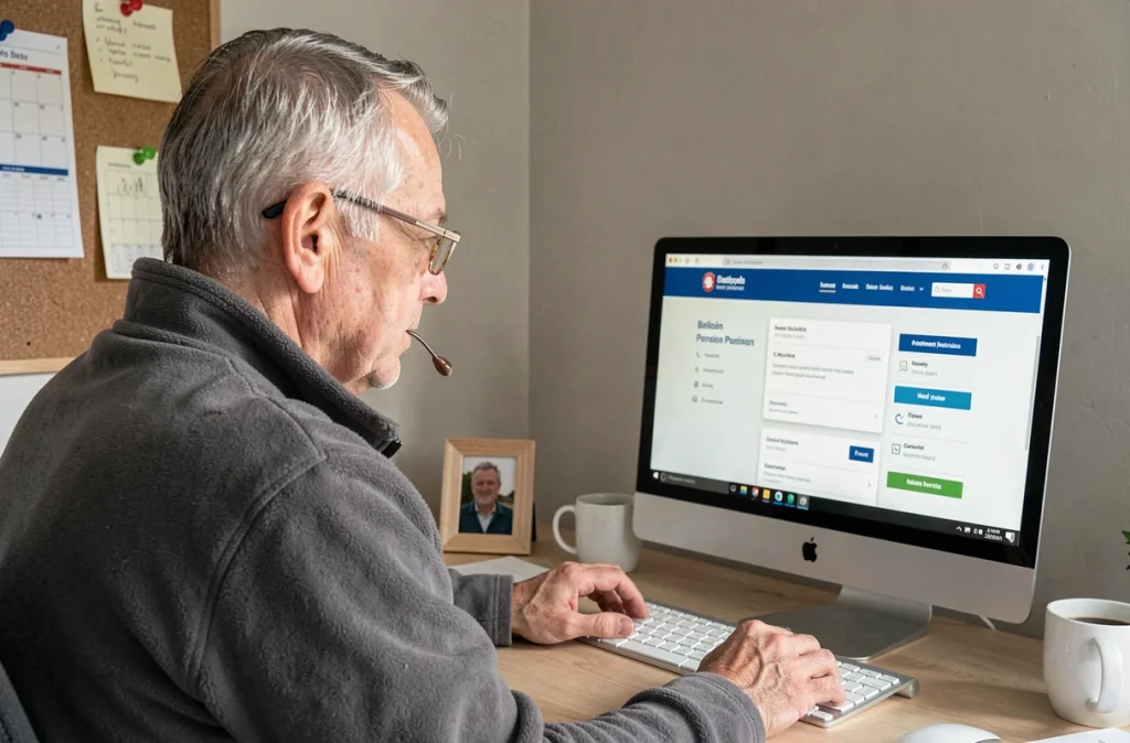 Homme senior belge effectuant ses démarches de pension complémentaire en ligne depuis son bureau à domicile