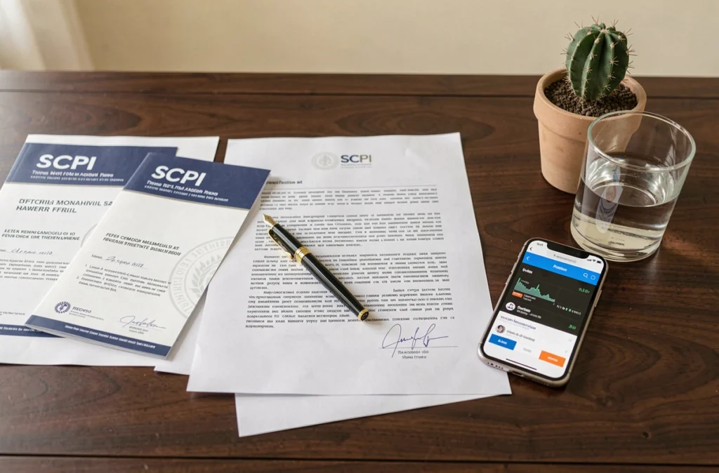 Documents de souscription SCPI Corum posés sur un bureau avec stylo et smartphone dans un cabinet de gestion de patrimoine