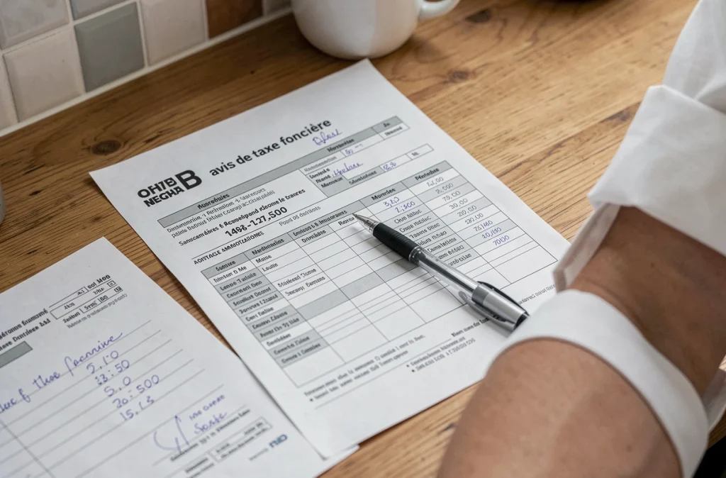 Documents fiscaux immobiliers incluant un avis de taxe foncière et un tableau d'amortissement de crédit immobilier