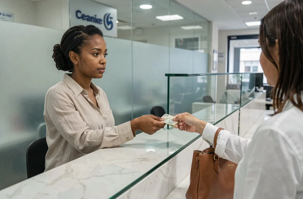 Une femme échangeant des dirhams marocains contre des euros au guichet d'une banque moderne