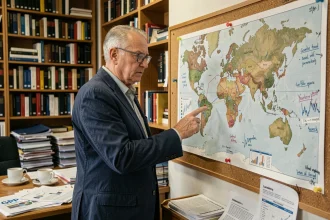 Économiste étudiant une carte mondiale avec des données de PIB et des annotations dans un bureau universitaire encombré